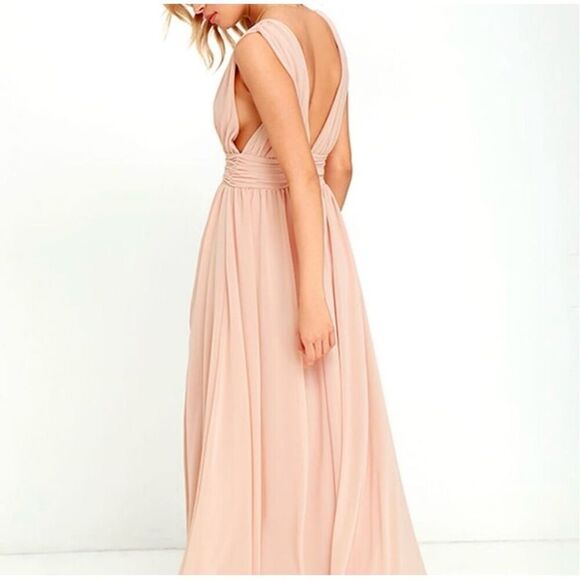 Lulus XL Plunge Neck Flowy Maxi Dress Blush Pink High Slit Romantic Ethereal - Picture 3 of 15